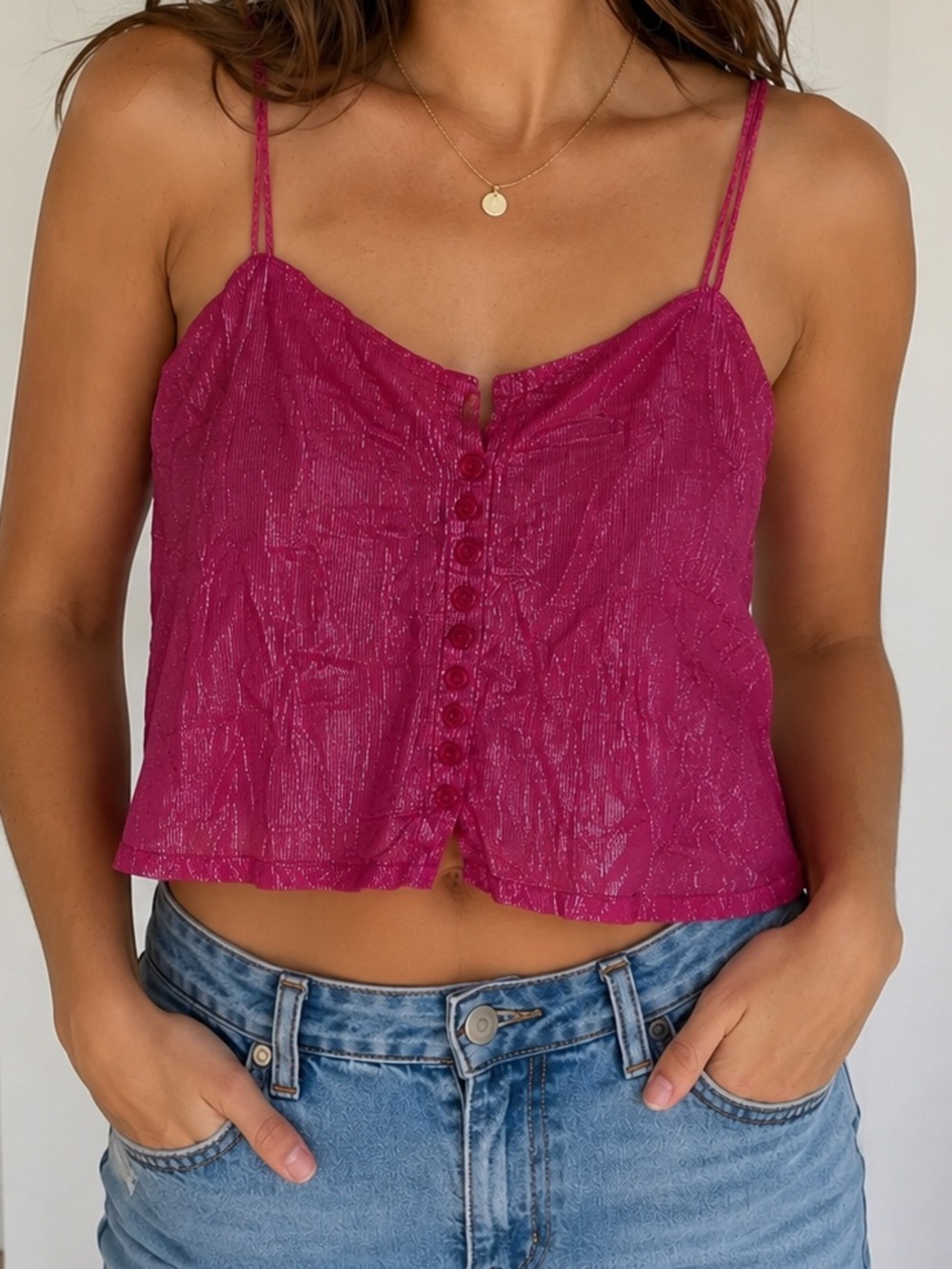 Vintage Shimmery Magenta Button-Front Cami Tank Size M